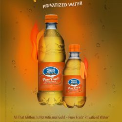 All That Glitters Is Not Artisanal Gold — Pure Frack® Privatized Water™ The beauty of the once great Amazon can now be found in Neztlū Waters® Pure Frack® Privatized Water™! Sourced from the Brazilian rain forest, and available at your local grocer — sparking gold-mercury amalgam. Pure Frack® will dazzle new-comers with the mesmerizing golden glow of oxidized iron, infused with minerals like arsenic, beryllium, copper, gold amalgam, mercury, and zinc. While our regular consumers will recognize the same rich flavors and familiar quality as from our Gold King and Appalachian mountain-top strip mines. Our patent pending, low-profile SPILLProof™ cap with intuitive threaded system and robust seal ensures flow when you need it. Pure Frack® Privatized Water™ is enhanced with minerals to taste.