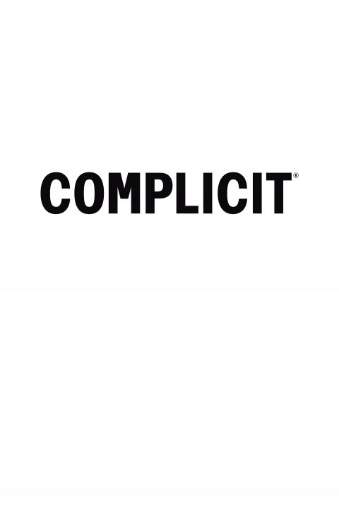Text, Complicit®, in bold black condensed lettering centered within a white background by artist Brent Pruitt