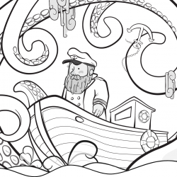 detail of a work in progress: a bearded sea captain stand on a boat surrounded by squid-like arms rising from the ocean
