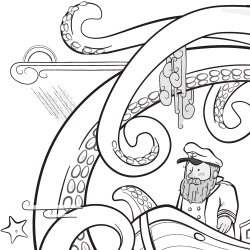 detail of a work in progress: a bearded sea captain stand on a boat surrounded by squid-like arms rising from the ocean